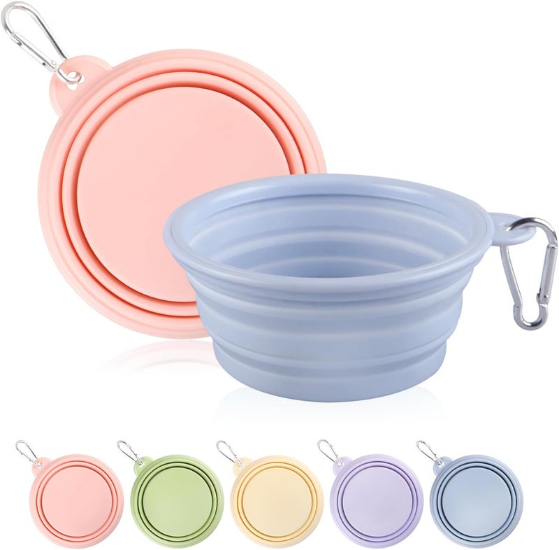 TECOPH Collapsible Dog Bowls 2-Pack, Portable Travel Dog Bowl with Carabiner, Food-Grade Silicone Pet Bowl for Hiking, Walking(Macaron Pink and Blue) - Image 1